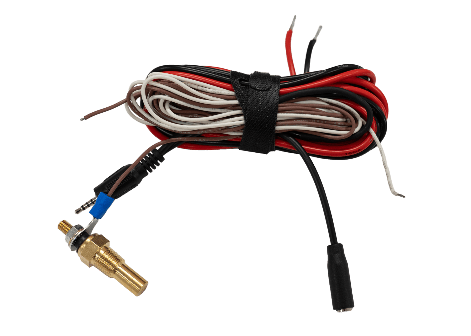 Brass sensor with coiled wires on black.