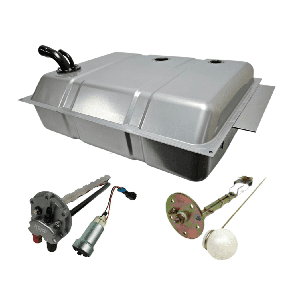 Fuel tank and components on white background.