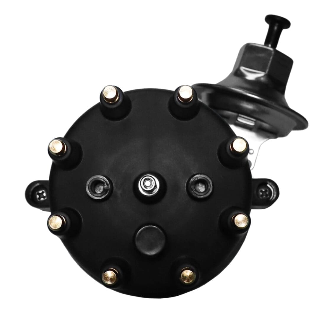 Black automotive distributor cap and rotor assembly.