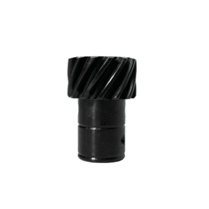 Black cylindrical gear with spiral grooves.