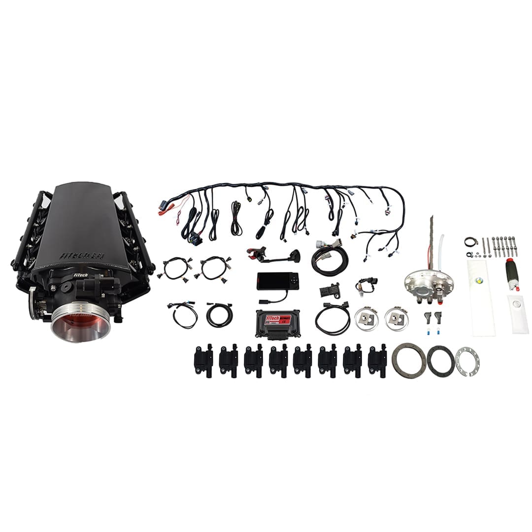 <span style="color:#ED3237;">79802</span><br>Ultimate LS 500 HP EFI System With Short Cathedral Intake, Transmission Control, Go Fuel In-Tank 340 LPH Fuel Pump Returnless Module With 2 Inch Fill & Go Spark LS3 Style Coil With LED 8 Pack Master Kit
