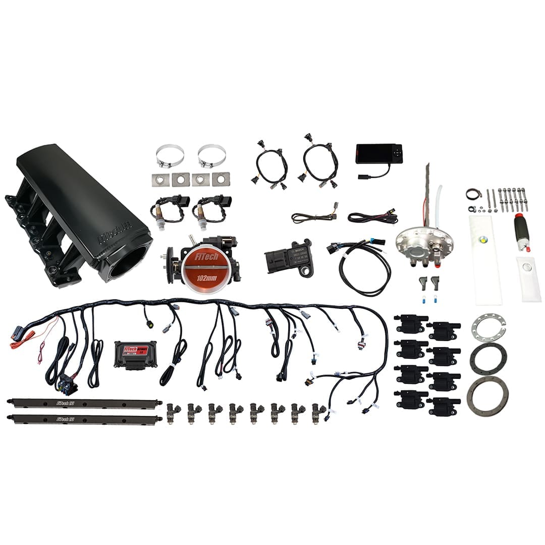 <span style="color:#ED3237;">79807</span><br>Ultimate LS 500 HP EFI System With Long Runner Cathedral Intake, Transmission Control, Go Fuel In-Tank 340 LPH Fuel Pump Returnless Module With 2 Inch Fill & Go Spark LS3 Style Coil With LED 8 Pack Master Kit
