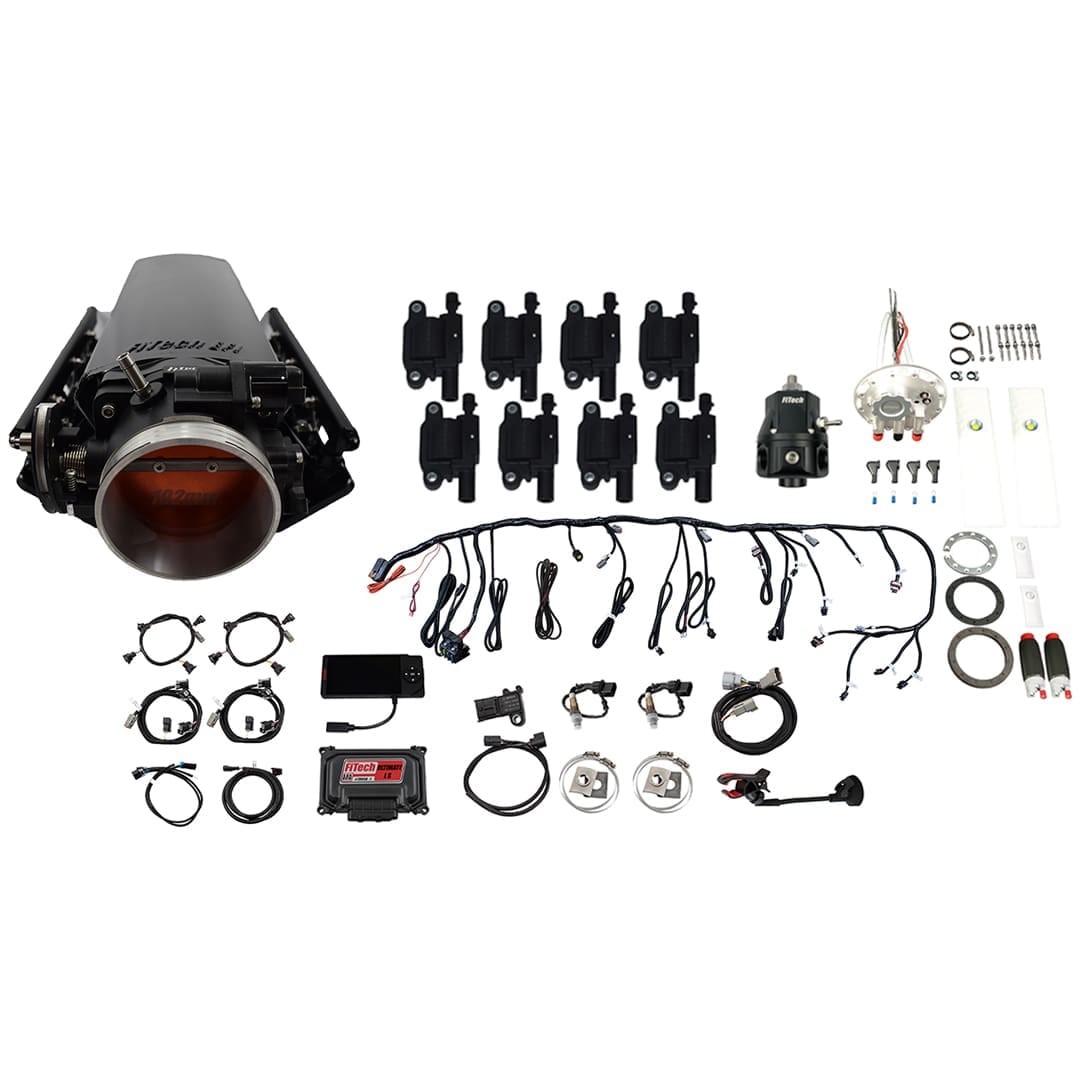 <span style="color:#ED3237;">79933</span><br>Ultimate LS 1000 HP EFI System With Long Runner Cathedral Intake, Transmission Control, Go Fuel In-Tank Dual Pump Module With 2 Inch Fill, Go Fuel Regulator With Pressure Gauge & Go Spark LS3 Style Coil With LED 8 Pack Master Kit
