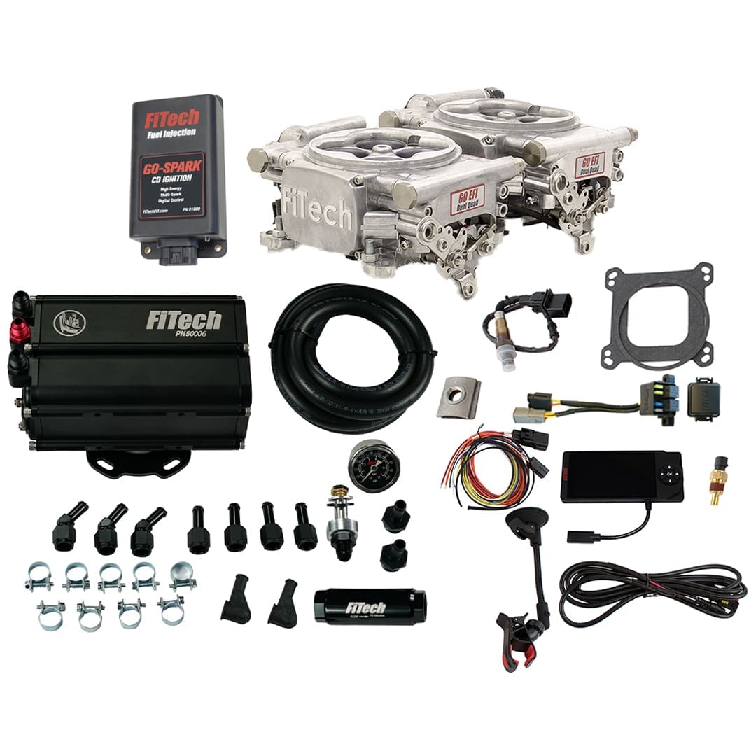<span style="color:#ED3237;">93721</span><br>Go EFI 2x4 625 HP Bright Aluminum EFI System With Go Fuel Force Fuel Mini Surge Tank & Go Spark CDI Box Master Kit