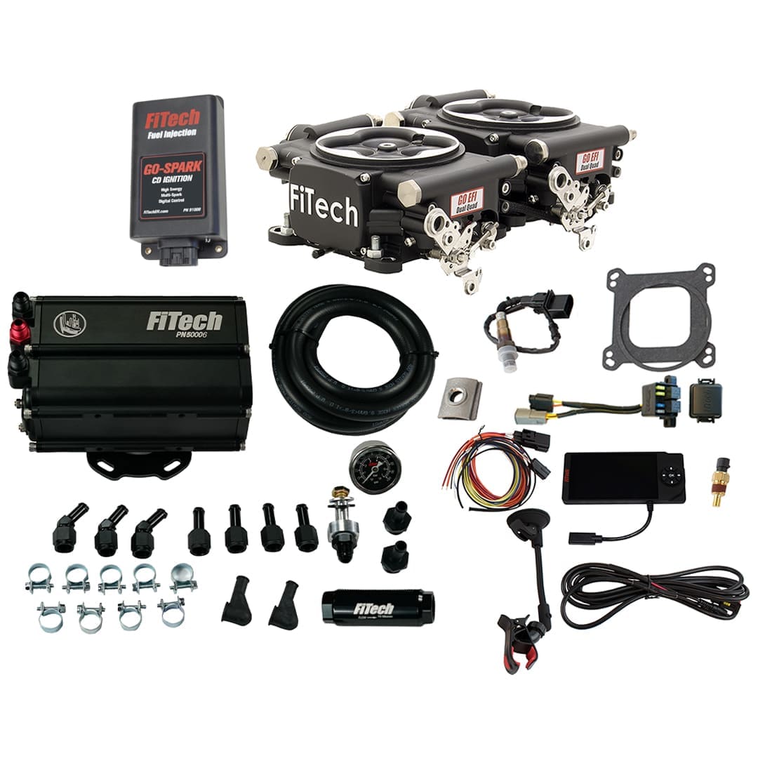 <span style="color:#ED3237;">93762</span><br>Go EFI 2x4 625 HP Matte Black EFI System With Go Fuel Force Fuel Mini Surge Tank & Go Spark CDI Box Master Kit